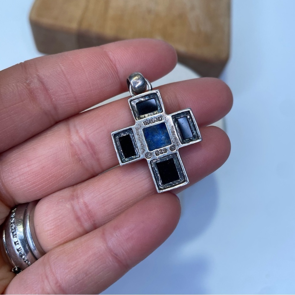 Blue Lapis & Black Onyx Sterling Silver .925 Cross Pendant Thailand - Picture 4 of 6